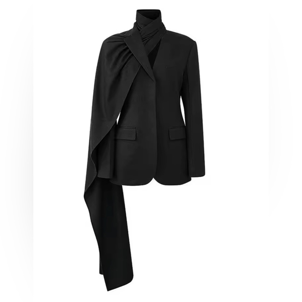 Black Draped One-Shoulder Blazer Jacket - Women